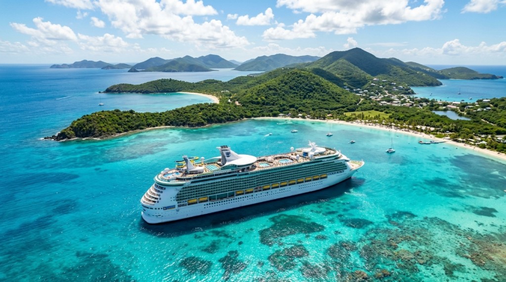 Royal Caribbean cruise ship in a turquoise Caribbean bay surrounded by tropical islands